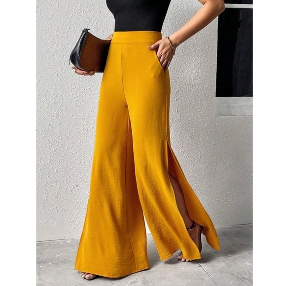 . Pants - Yellow Boho Womens Split Thigh Wide Leg Pants